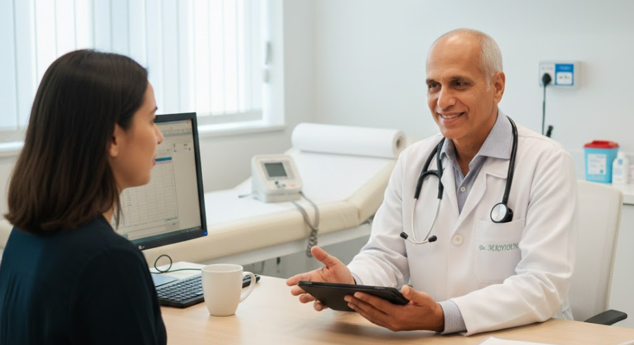 Dermatologista realizando procedimento ambulatorial